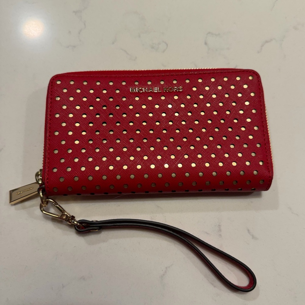 Michael Kors Perforated Red and Gold Wristlet